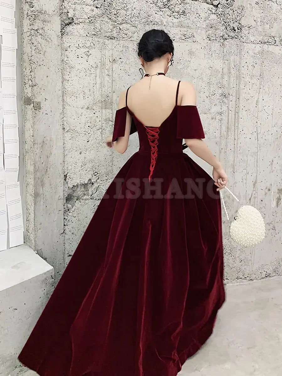 Buyishang Burgundy Off Shoulder Velvet Long Prom Dress Burgundy Formal Evening Dresses Bridesmaid dress shop