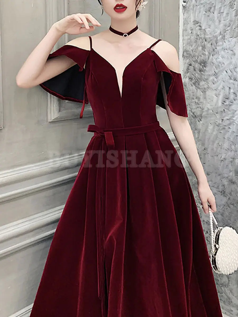 Buyishang Burgundy Off Shoulder Velvet Long Prom Dress Burgundy Formal Evening Dresses Bridesmaid dress shop