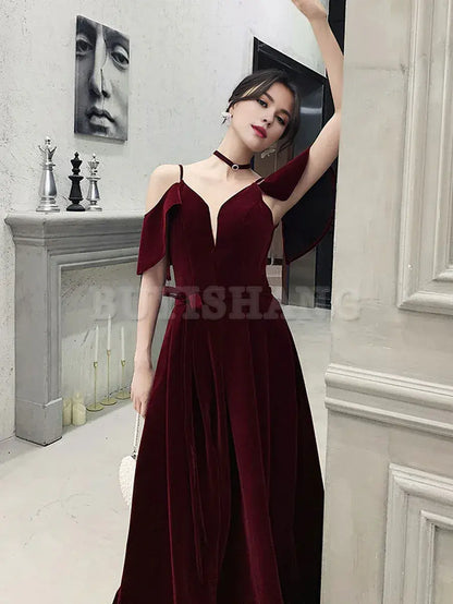 Buyishang Burgundy Off Shoulder Velvet Long Prom Dress Burgundy Formal Evening Dresses Bridesmaid dress shop