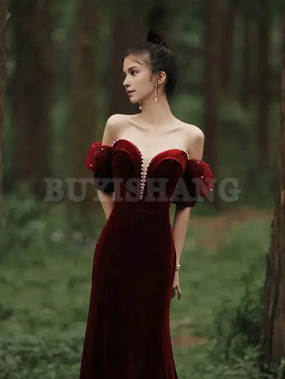 Buyishang Burgundy Sweetheart Neck Mermaid Long Prom Dress Velvet Bridesmaid Dress Bridesmaid dress shop