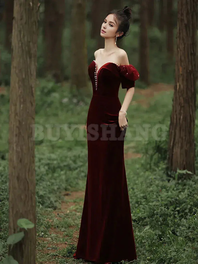 Buyishang Burgundy Sweetheart Neck Mermaid Long Prom Dress Velvet Bridesmaid Dress Bridesmaid dress shop