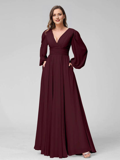 A-Line V-Neck Long Sleeves Long Chiffon Bridesmaid Dresses With Split