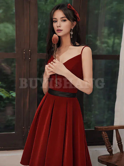 Buyishang Burgundy velvet short prom dress burgundy homecoming dress Bridesmaid dress shop