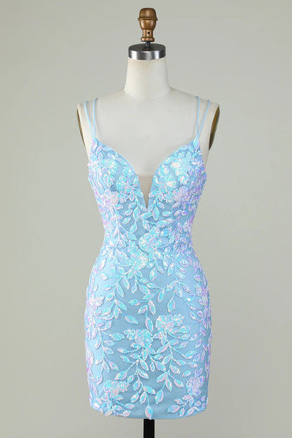 Sparkly Lace-Up Back Light Blue Homecoming Dress