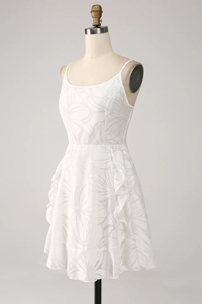 Modest White A-Line Spaghetti Straps Short Graduation Dress