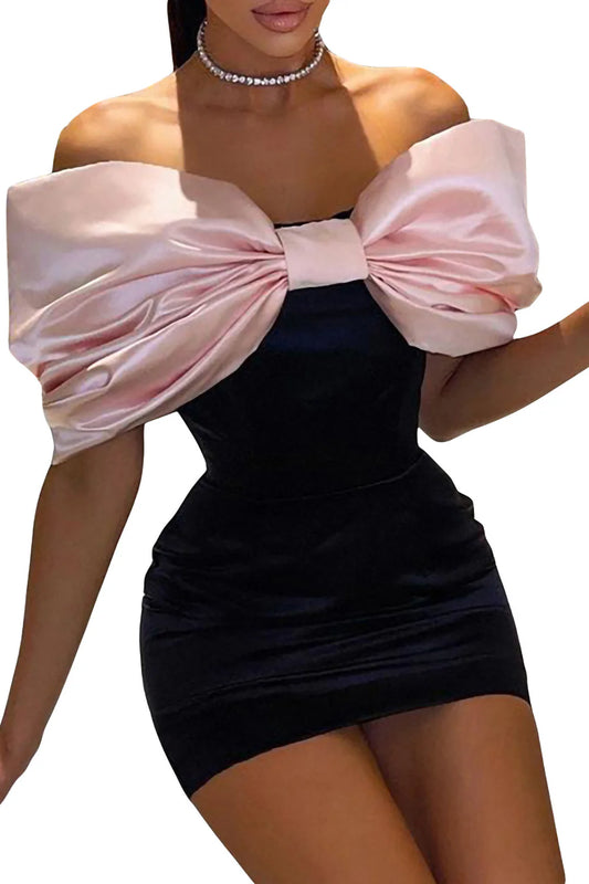 Off The Shoulder Big Bowknot Black Pink Homecoming Dress