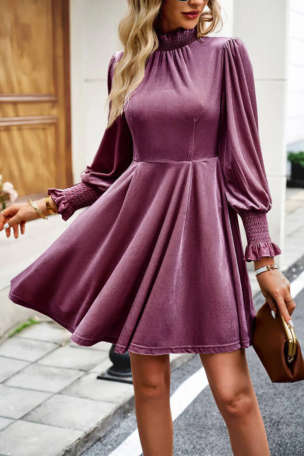 Burgundy Long Sleeves A Line Velvet Holiday Party Dress