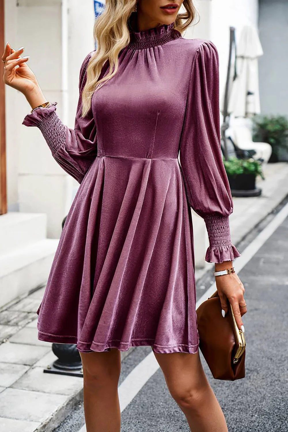 Burgundy Long Sleeves A Line Velvet Holiday Party Dress