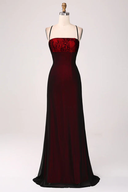 Black Red Sheath Bridesmaid Dress with Lace-up Back