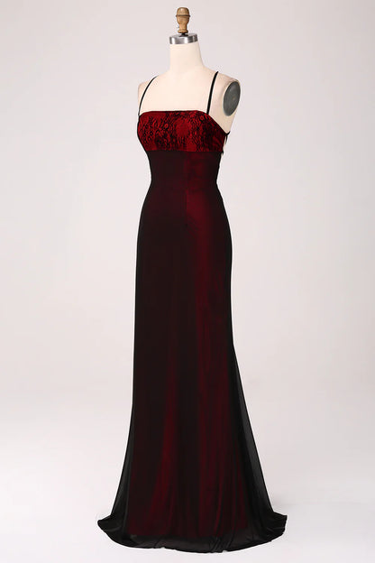 Black Red Sheath Bridesmaid Dress with Lace-up Back