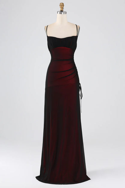 Sheath Spaghetti Straps Black Red Floor Length Bridesmaid Dress