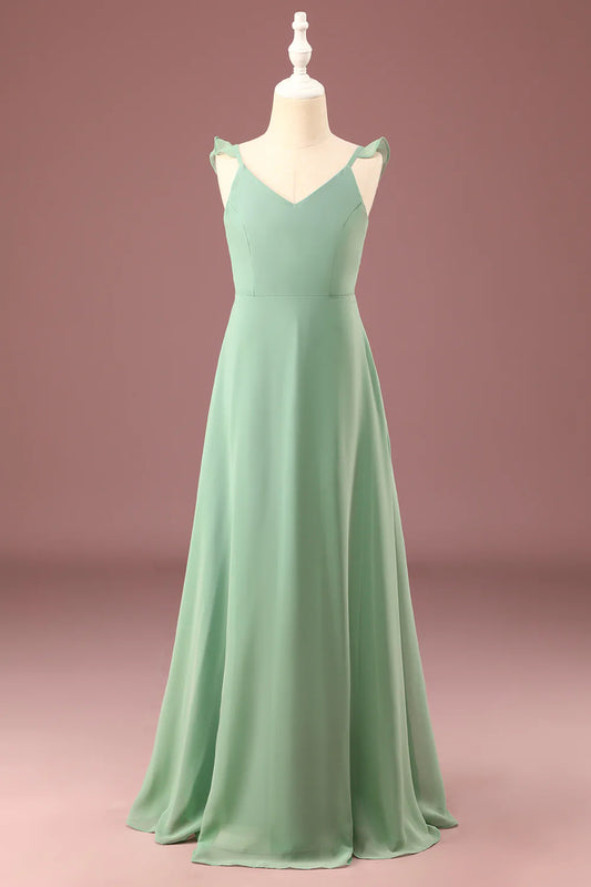 A-line Long Chiffon Matcha V-neck Spaghetti Straps Junior Bridesmaid Dress