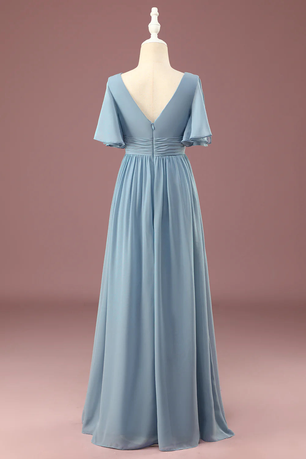 A-line Chiffon V-neck Floor Length Short Sleeves Junior Bridesmaid Dress