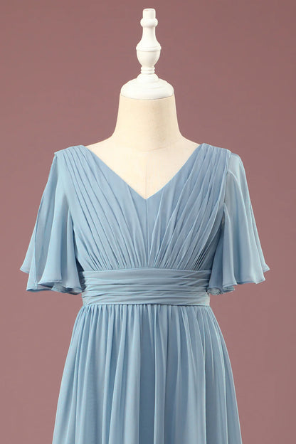 A-line Chiffon V-neck Floor Length Short Sleeves Junior Bridesmaid Dress