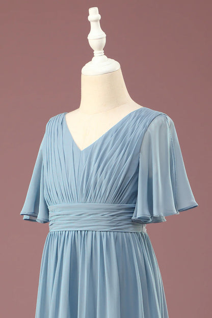 A-line Chiffon V-neck Floor Length Short Sleeves Junior Bridesmaid Dress