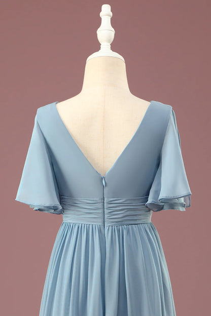 A-line Chiffon V-neck Floor Length Short Sleeves Junior Bridesmaid Dress