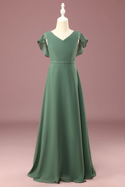 A-line Eucalyptus Chiffon Long Cap Sleeve Junior Bridesmaid Dress