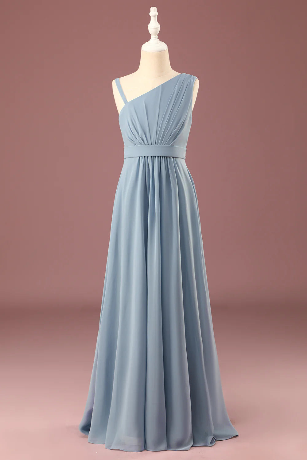 Dusty Blue One Shoulder A-line Chiffon Pleated Floor Length Junior Bridesmaid Dress