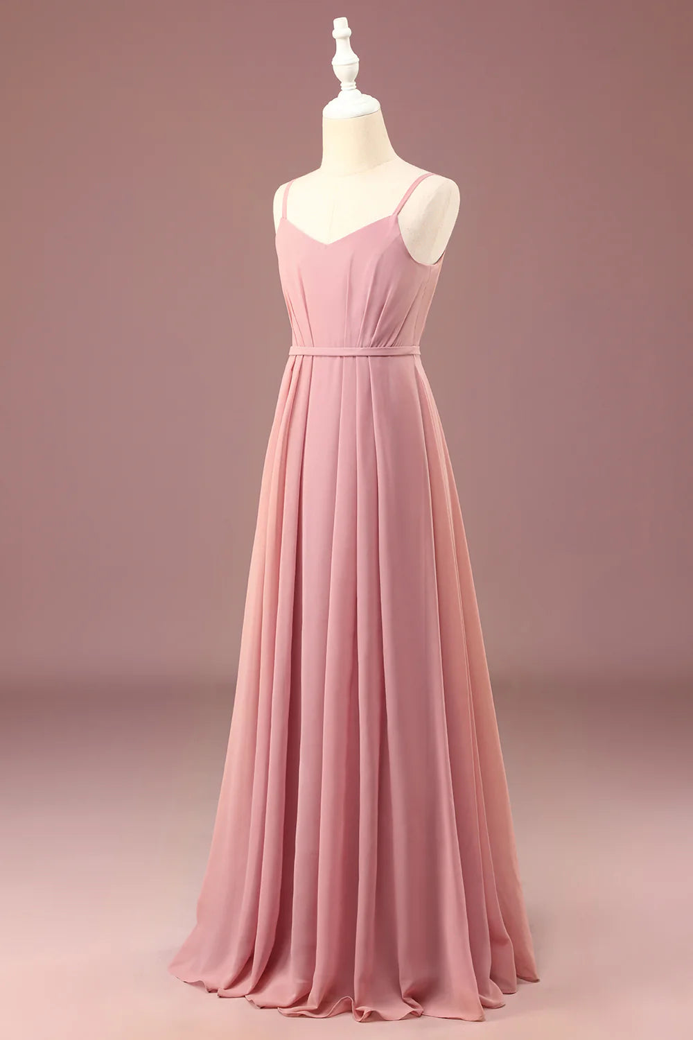 Dusty Rose A-line Chiffon Spaghetti Straps Long Pleated Junior Bridesmaid Dress