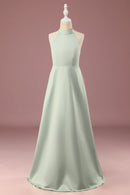 Matcha Satin A-line Halter Sleeveless Long Junior Bridesmaid Dress