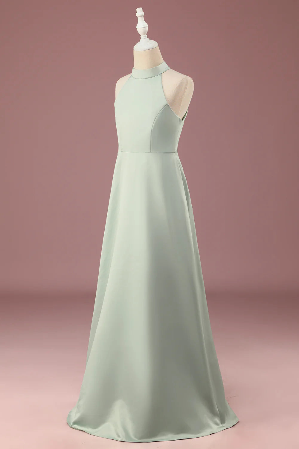 Matcha Satin A-line Halter Sleeveless Long Junior Bridesmaid Dress