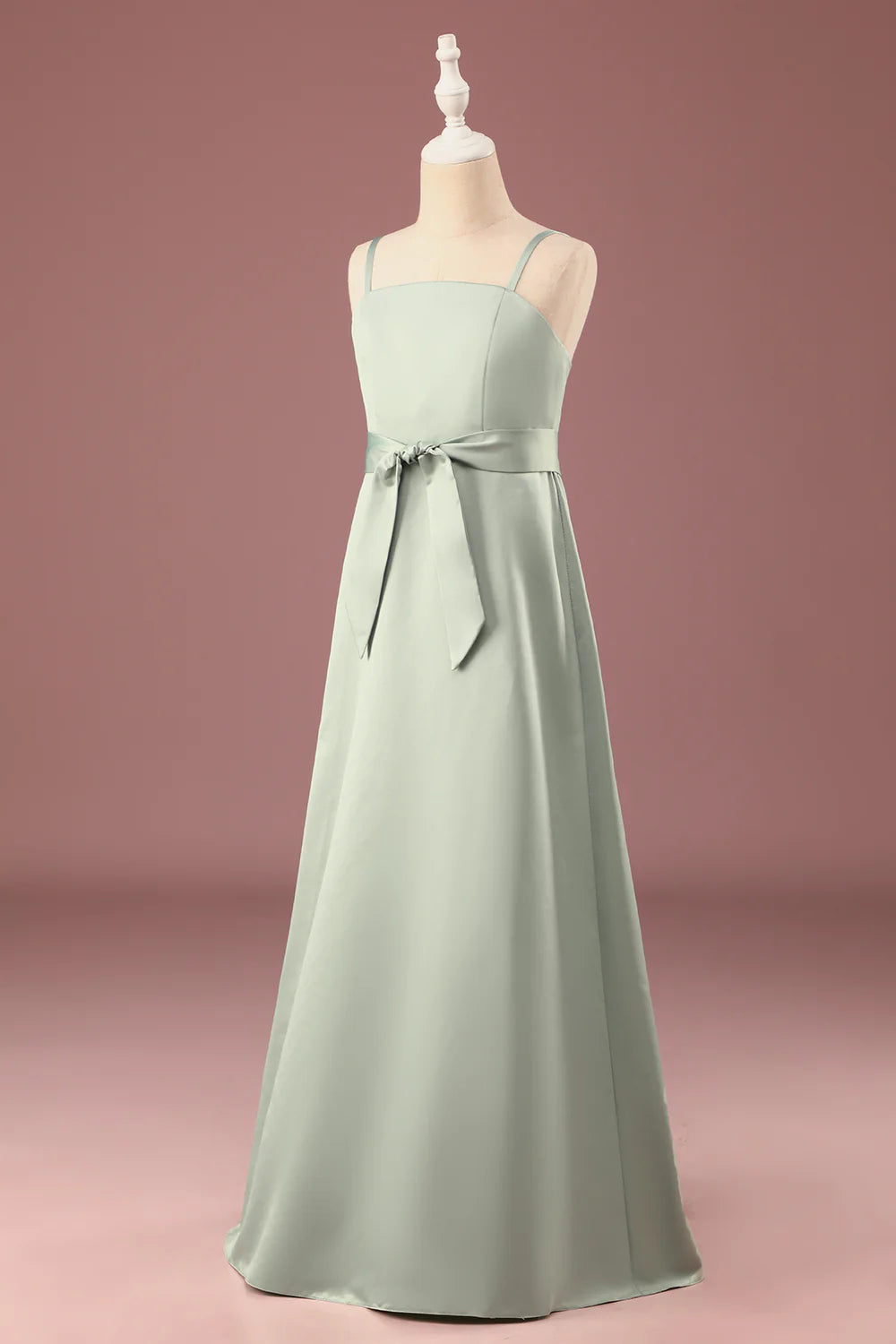 Matcha A-line Satin Spaghetti Straps Long Junior Bridesmaid Dress