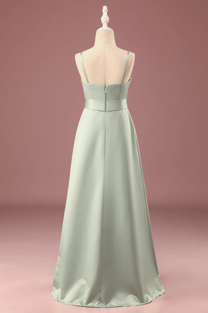 Matcha A-line Satin Spaghetti Straps Long Junior Bridesmaid Dress