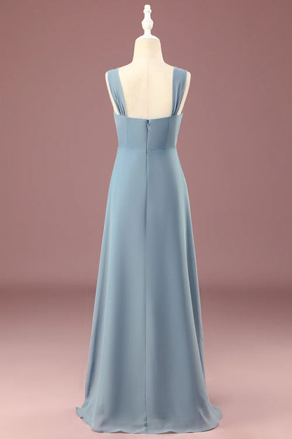 Dusty Blue Chiffon A-line V-neck Junior Bridesmaid Dress