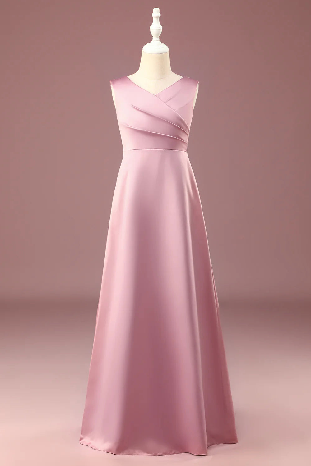 Dusty Rose Satin A-line Pleated V-neck Long Junior Bridesmaid Dress