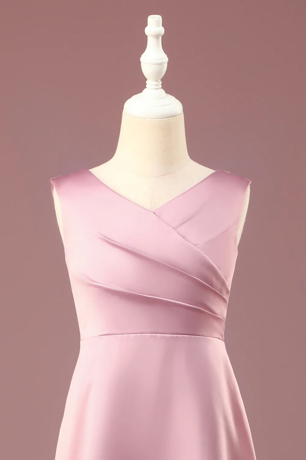 Dusty Rose Satin A-line Pleated V-neck Long Junior Bridesmaid Dress