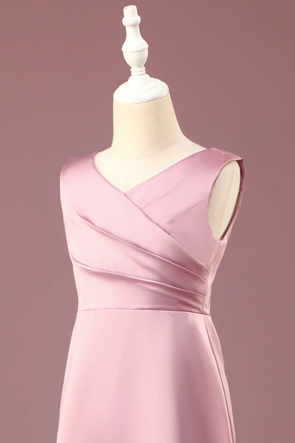 Dusty Rose Satin A-line Pleated V-neck Long Junior Bridesmaid Dress