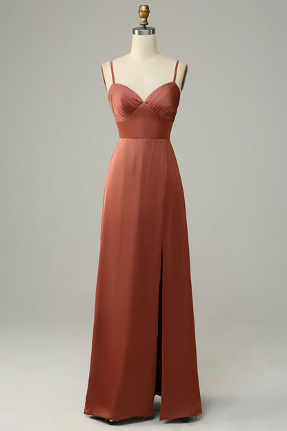 Brick Red Sheath Spaghetti Straps Satin Bridesmaid Dress With Slit