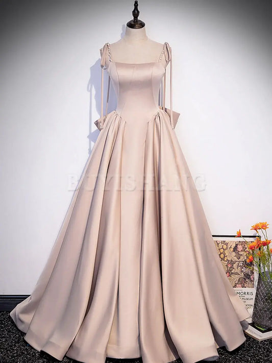 Buyishang Champagne A-Line Satin Long Prom Dress Champagne Evening Dresses prom dresses shops