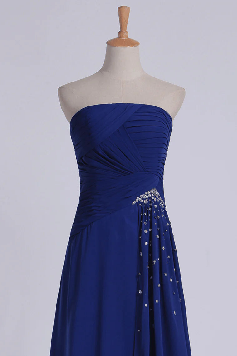 Party Dresses Strapless A Line Chiffon Floor Length With Ruffles And Beads