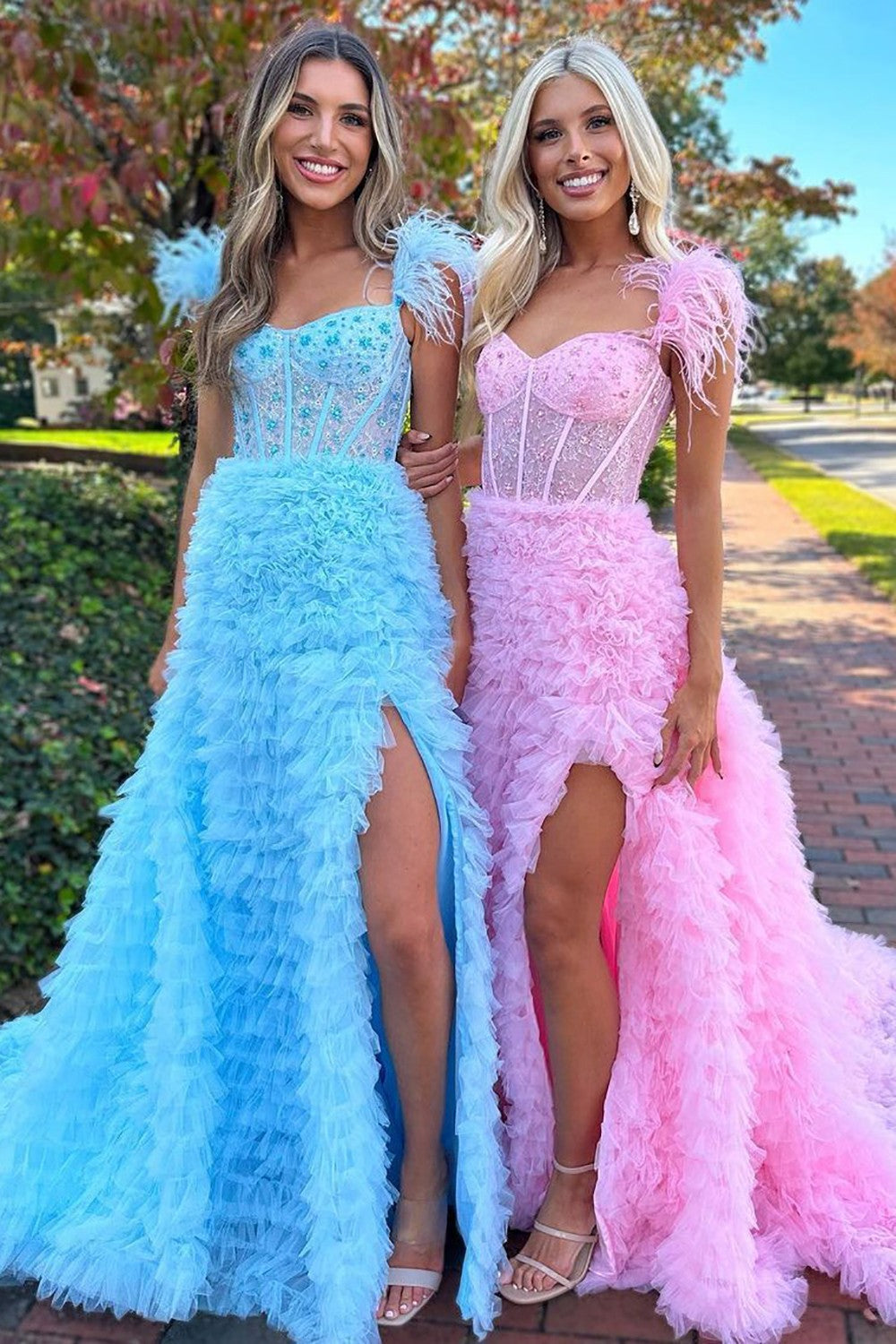 Stunning A-Line Feather Straps Long Ruffle Tulle Prom Dress With Split