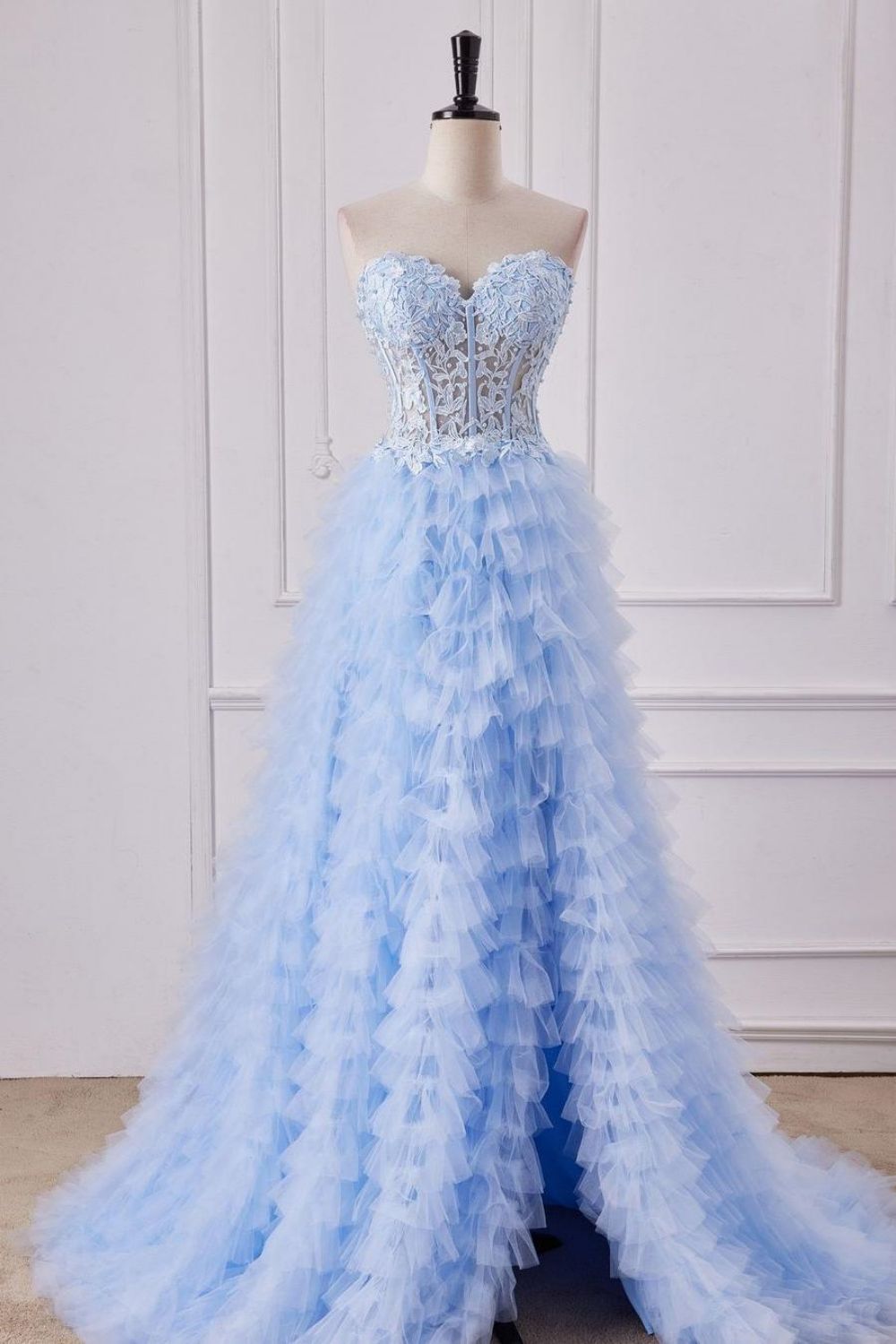 Cute Light Blue Sweetheart A-Line Lace Top Long Tulle Prom Dress With Slit