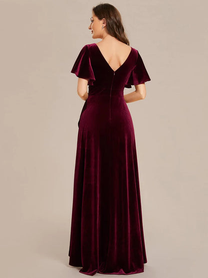 Double V-Neck Sleeves Stretchy Velvet Evening Dress with Lotus Leaf Hem