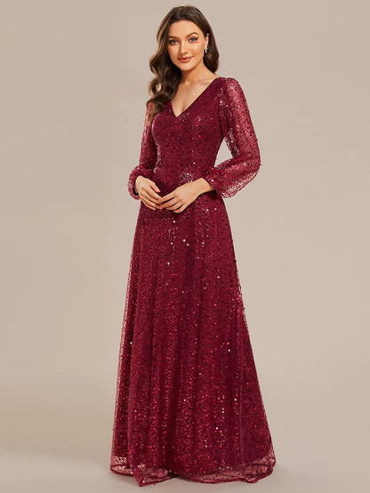 Shimmering All Over V-Neck Long Lantern Sleeve Sequin A-Line Evening Dress/Prom Dresses