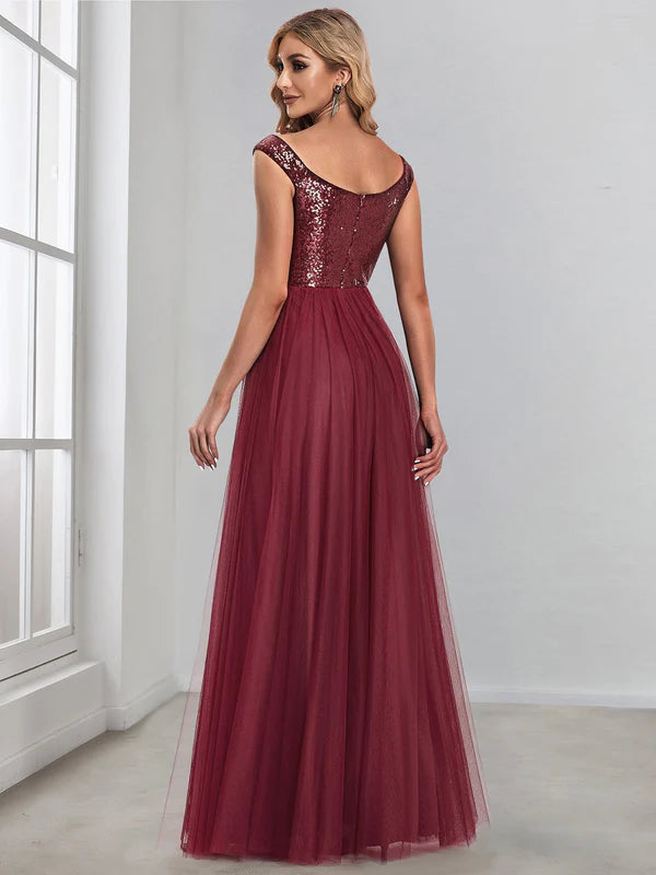 A-line Sequin Off the Shoulder Maxi Tulle Formal Evening Dress