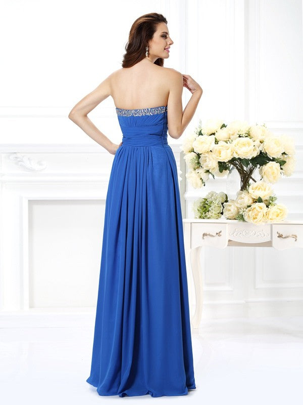 A-Line/Princess V-neck Beading Sleeveless Long Chiffon Dresses