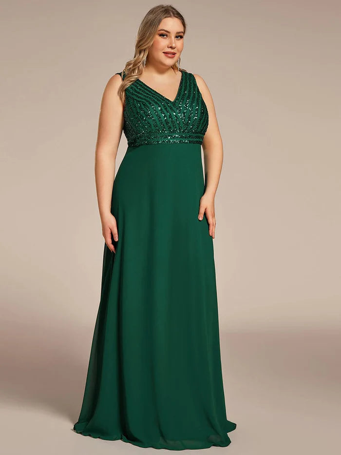 Plus Size Sequin Sleeveless Double V-Neck Formal Evening Dress/Prom Dresses