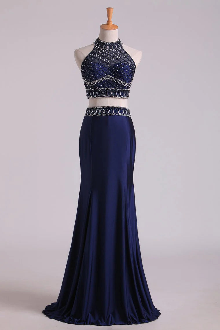 Dark Royal Blue Halter Two-Piece Beaded Bodice Mermaid Open Back Party Dresses Spandex