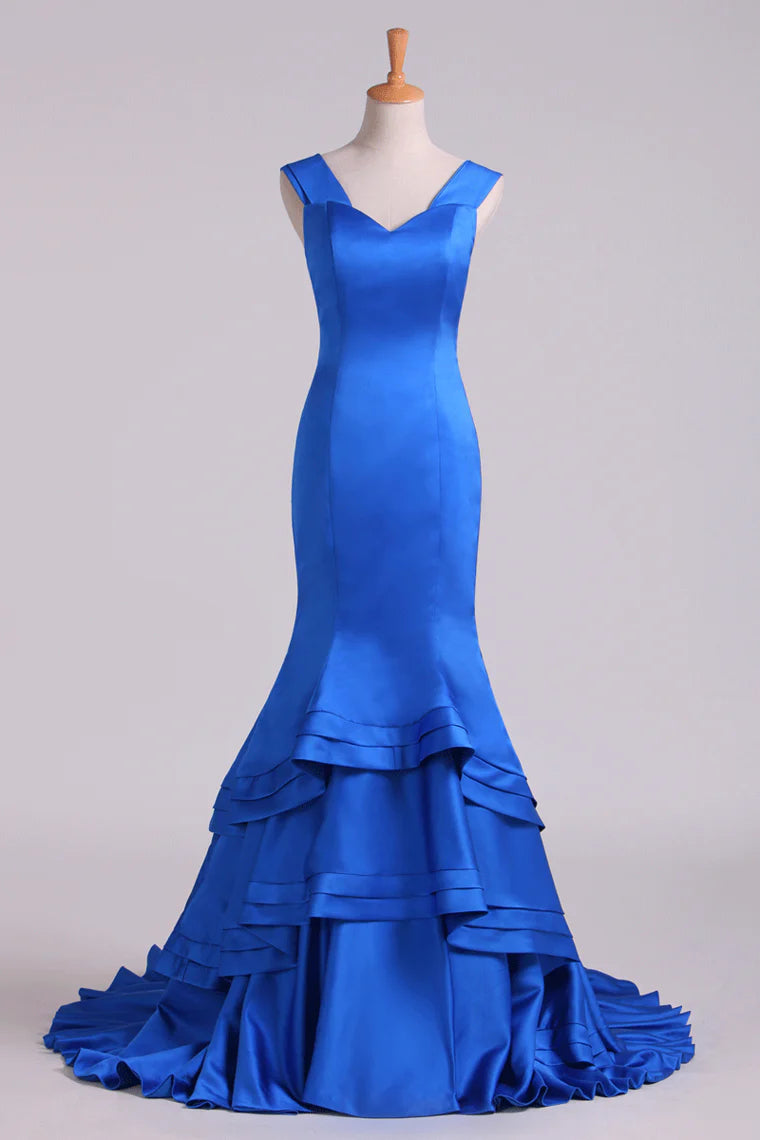 Dark Royal Blue Off-The-Shoulder Mermaid Party Dresses Sweep Train Satin Zipper Back