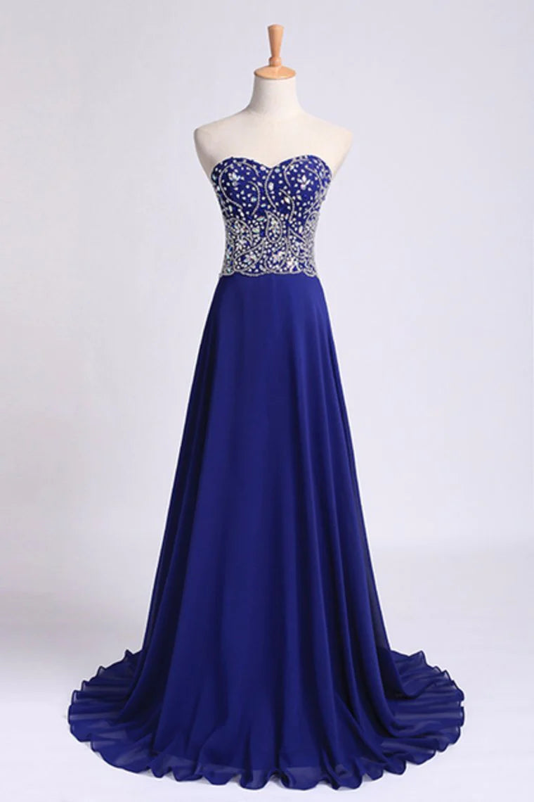 Dark Royal Blue Party Dress Sweetheart Beaded Bodice A Line Chiffon