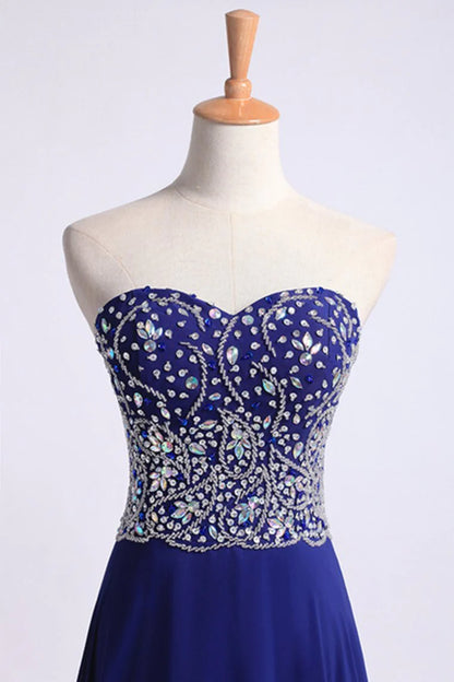 Dark Royal Blue Party Dress Sweetheart Beaded Bodice A Line Chiffon