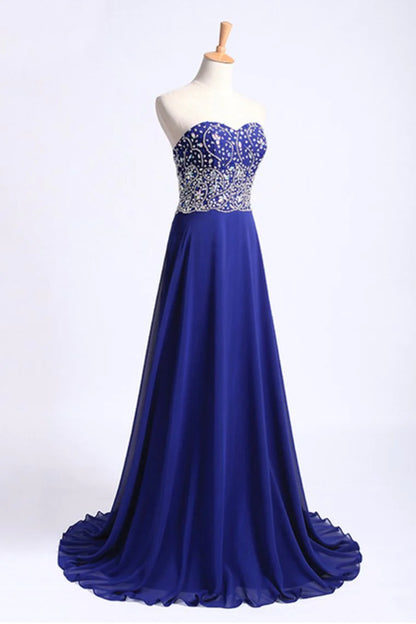 Dark Royal Blue Party Dress Sweetheart Beaded Bodice A Line Chiffon