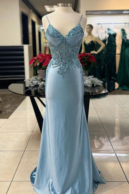 Dusty Green Mermaid Spaghetti Straps Long Prom Dress With Appliques