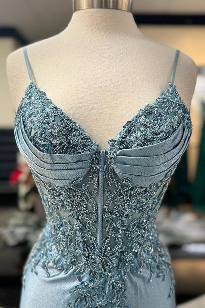 Dusty Green Mermaid Spaghetti Straps Long Prom Dress With Appliques