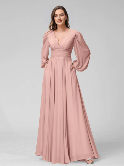 A-Line V-Neck Long Sleeves Long Chiffon Bridesmaid Dresses With Split