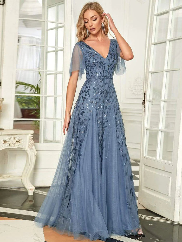 Shimmery V Neck Ruffle Sleeves Sequin Maxi Long Evening Dress/Prom Dresses